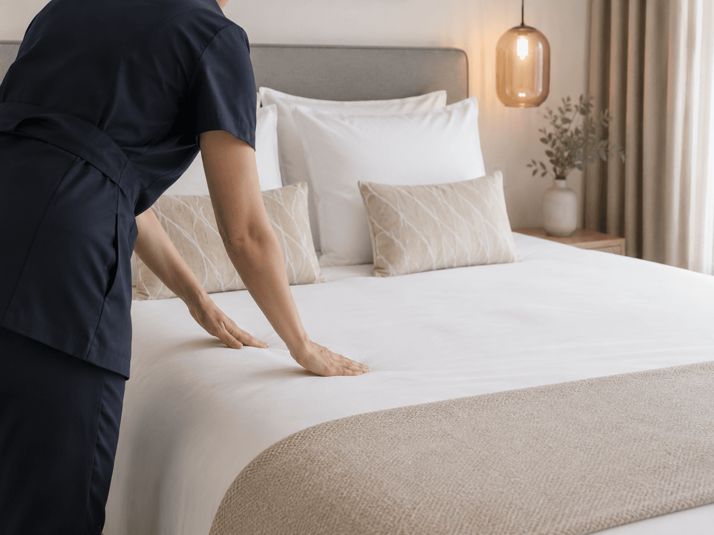 Femme de ménage professionnelle refaisant un lit