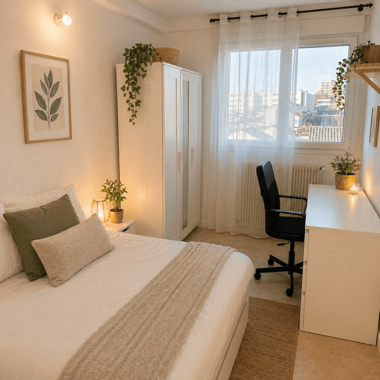 Chambre meublée avec bureau et vue sur la ville
